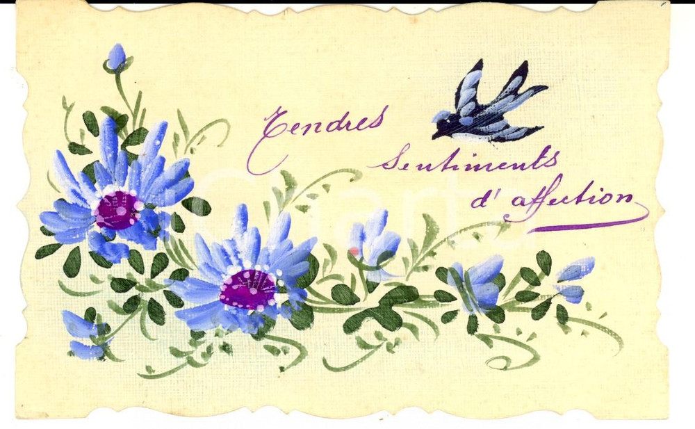 Cartolina originale da collezione 1910 ca FRANCIA Cartolina DISEGNATA E ACQUERELLATA A MANO con fiori e uccellino 1