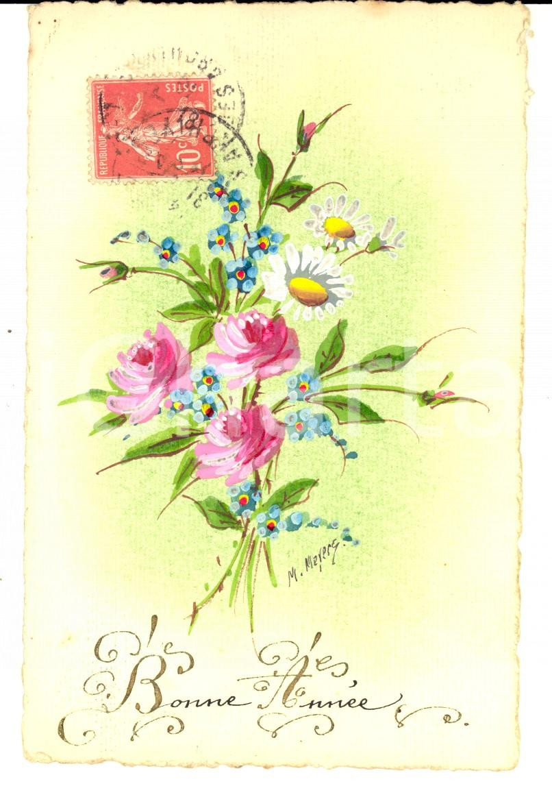 Cartolina originale da collezione 1910 ca FRANCIA Cartolina DISEGNATA A MANO con bouquet di fiori M. MEYERS 1