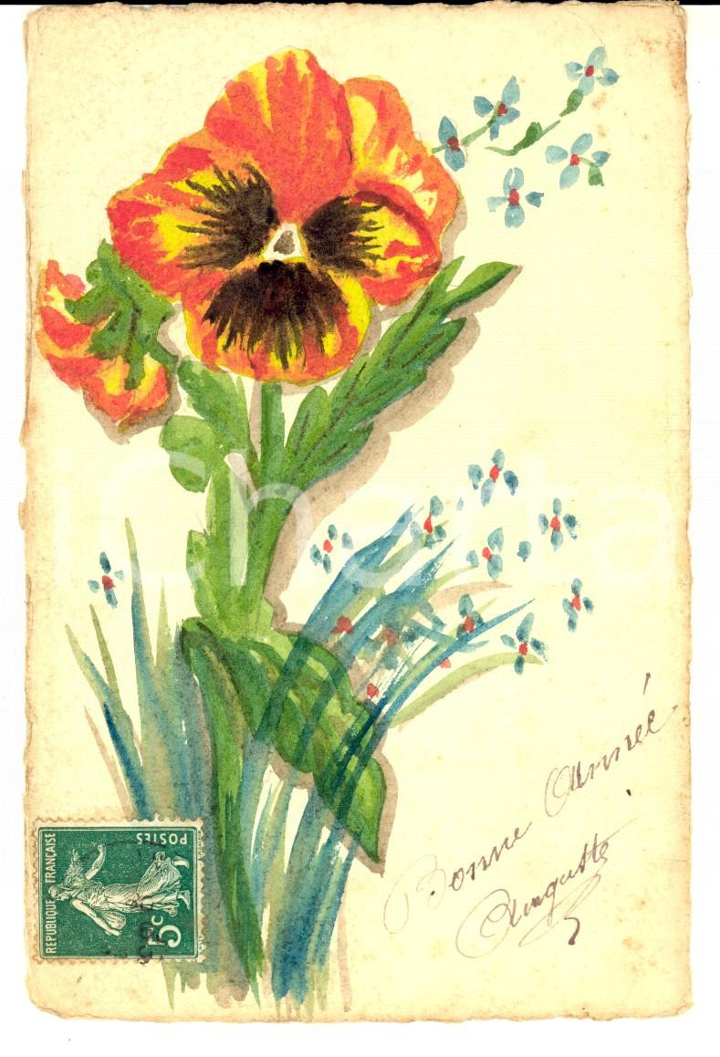 Cartolina originale da collezione 1910 ca FRANCIA Cartolina augurale DISEGNATA A MANO con primula arancione 1