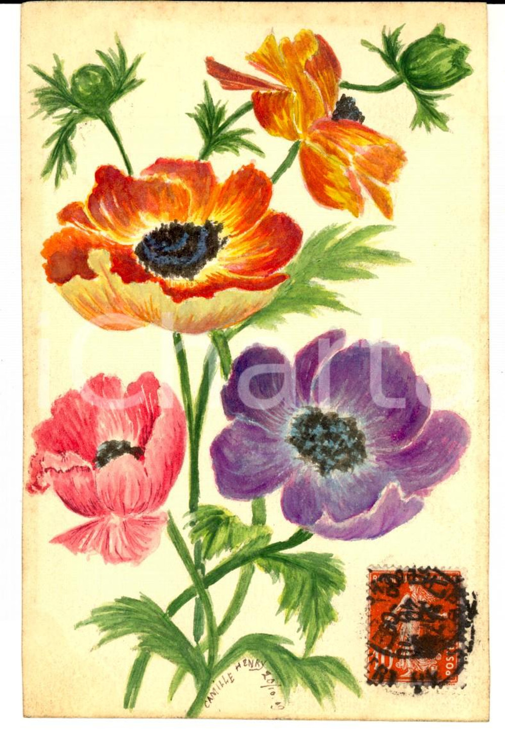 Cartolina originale da collezione 1909 FRANCIA Cartolina DISEGNATA A MANO con fiori ad Albertine BOURGEOIS 1