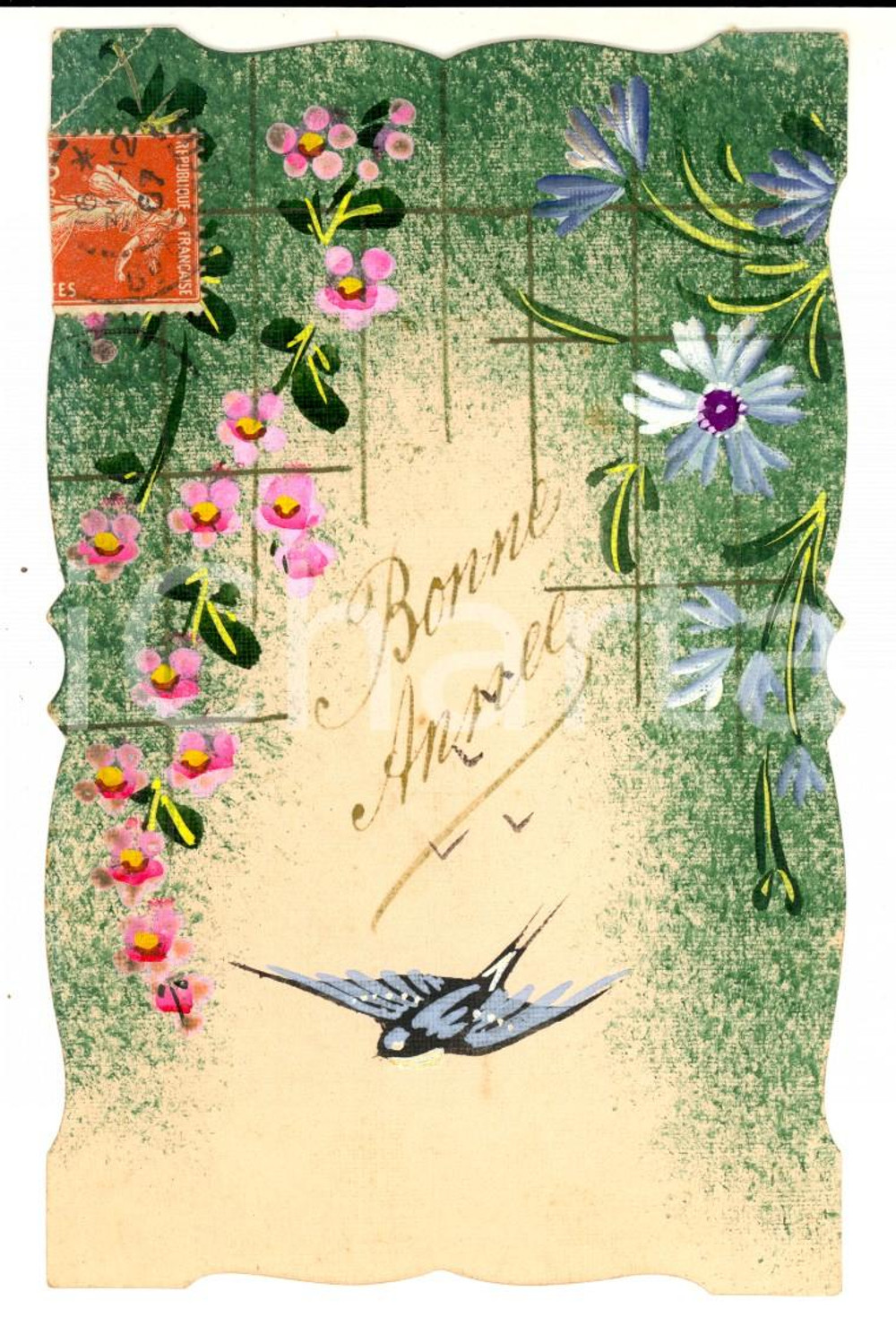 Cartolina originale da collezione 1907 FRANCIA Cartolina DISEGNATA A MANO con fiori e uccellino AmÃ©lie MERMET 1