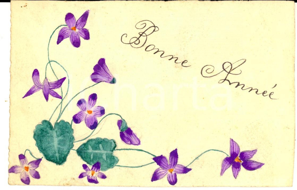 Cartolina originale da collezione 1910 ca FRANCIA Cartolina augurale Anno Nuovo DIPINTA A MANO con violette 1