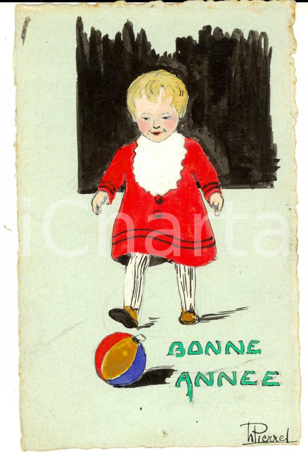 Cartolina originale da collezione 1910 ca FRANCIA Bambina gioca a palla Cartolina DIPINTA A MANO H. PIERREL 1