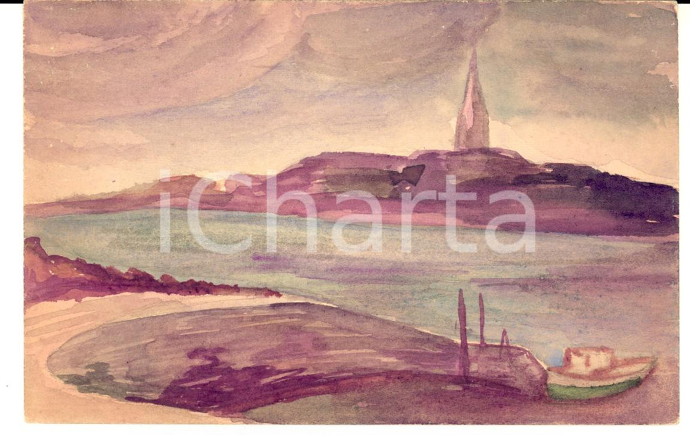 Cartolina originale da collezione 1910 ca FRANCIA Cartolina con paesaggio marino in tempesta DIPINTA A MANO 1