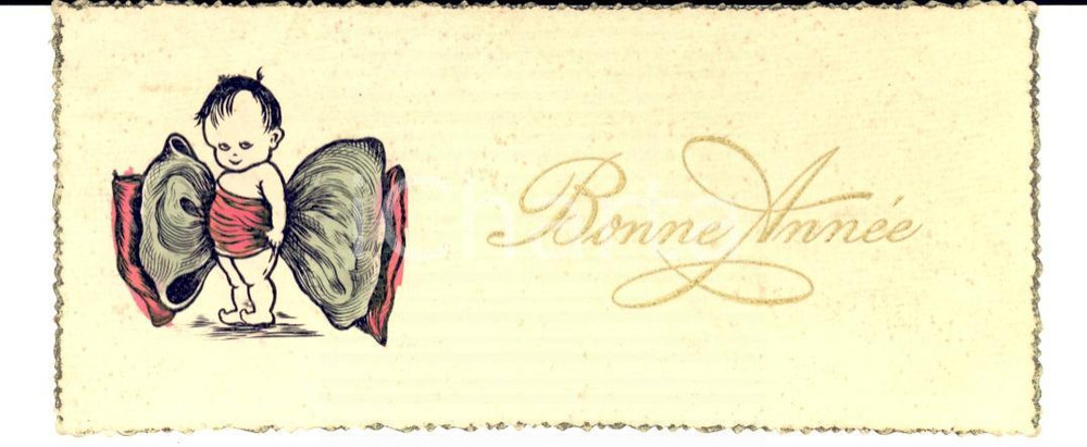 Cartolina originale da collezione 1910 ca FRANCIA Cartolina augurale Buon Anno con bambino DIPINTA A MANO 13x5 1