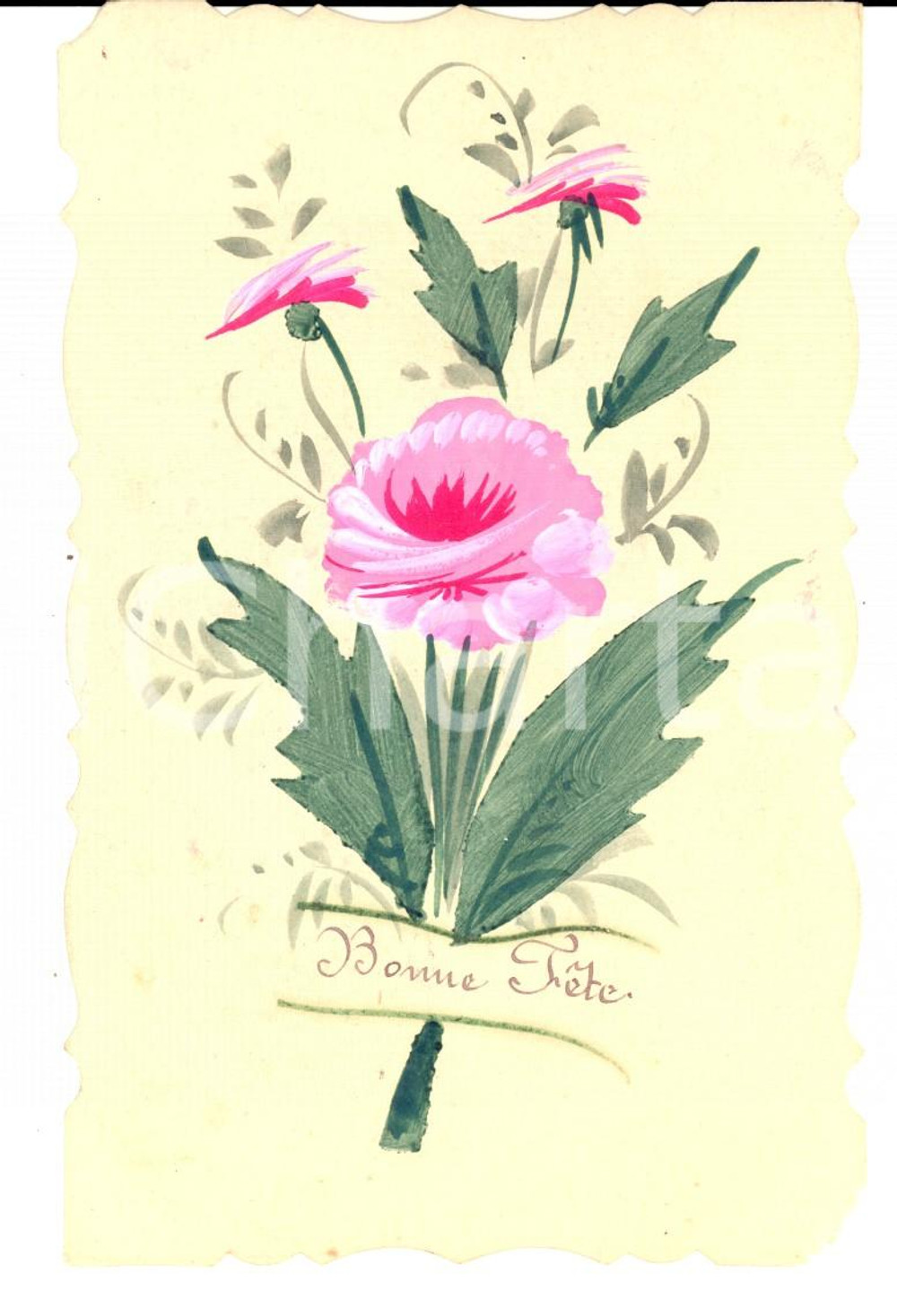 Cartolina originale da collezione 1910 ca FRANCIA Cartolina augurale compleanno con fiori rosa DIPINTA A MANO 1