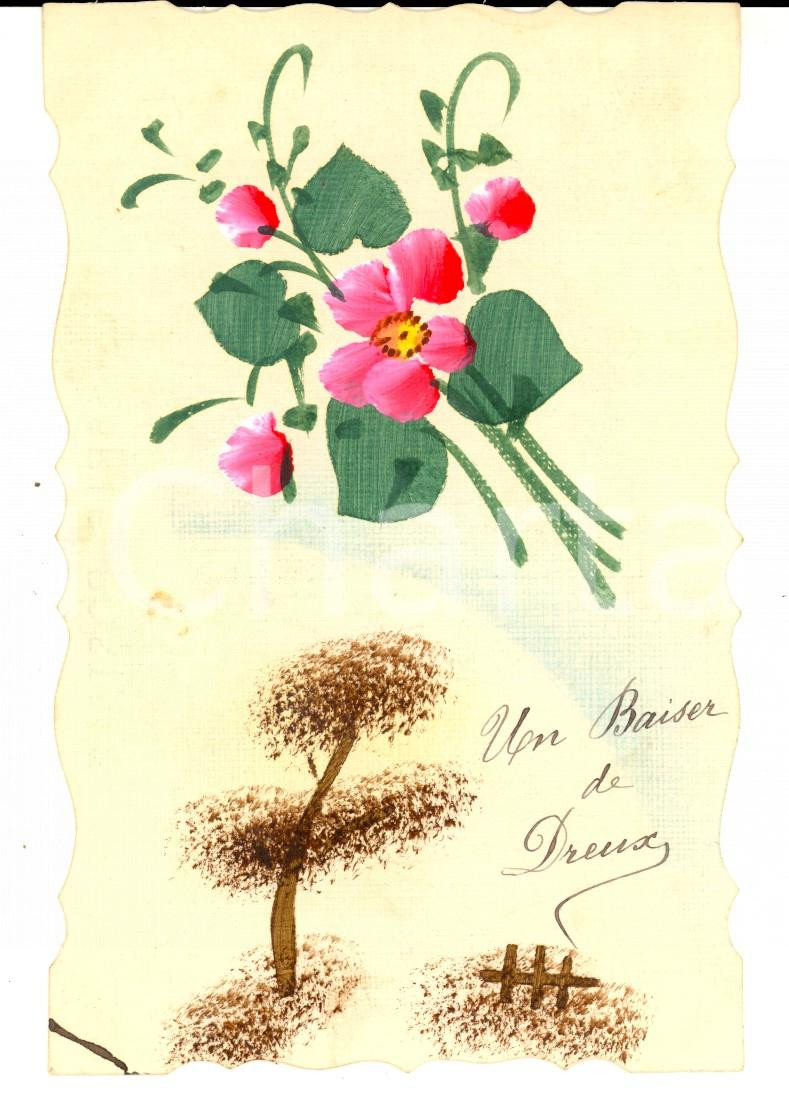 Cartolina originale da collezione 1910 ca DREUX F Cartolina augurale compleanno con fiori rosa DIPINTA A MANO 1