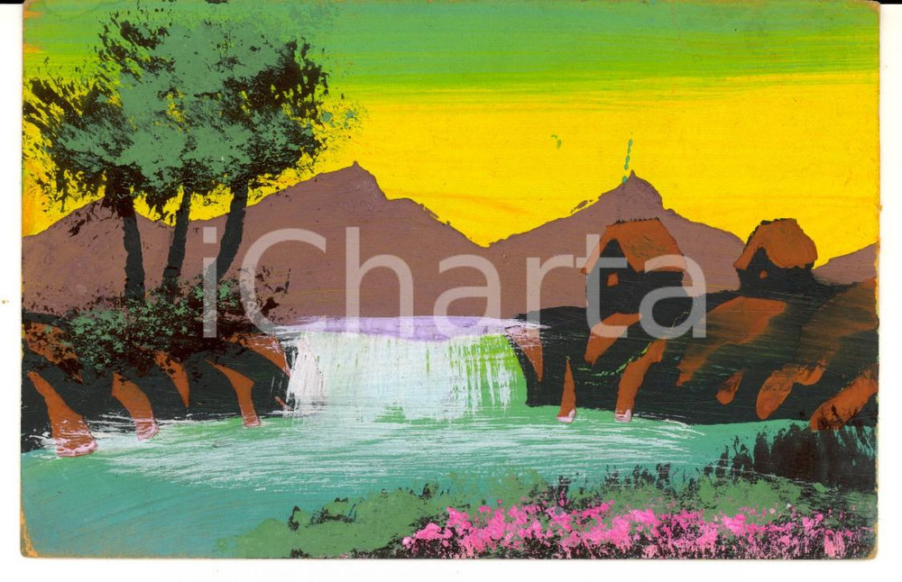 Cartolina originale da collezione 1937 HENDAYE FRANCIA Case sulla cascata Cartolina postale DIPINTA A MANO 1
