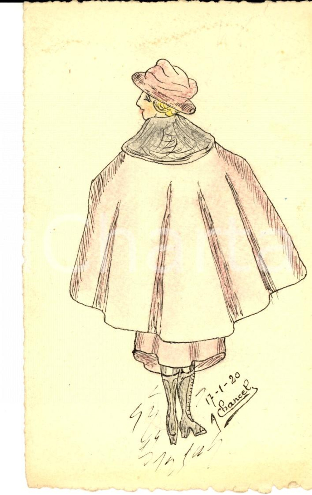 Cartolina originale da collezione 1920 FRANCIA Signora in rosa Cartolina Auguste Marie CHANCEL disegnata a mano 1