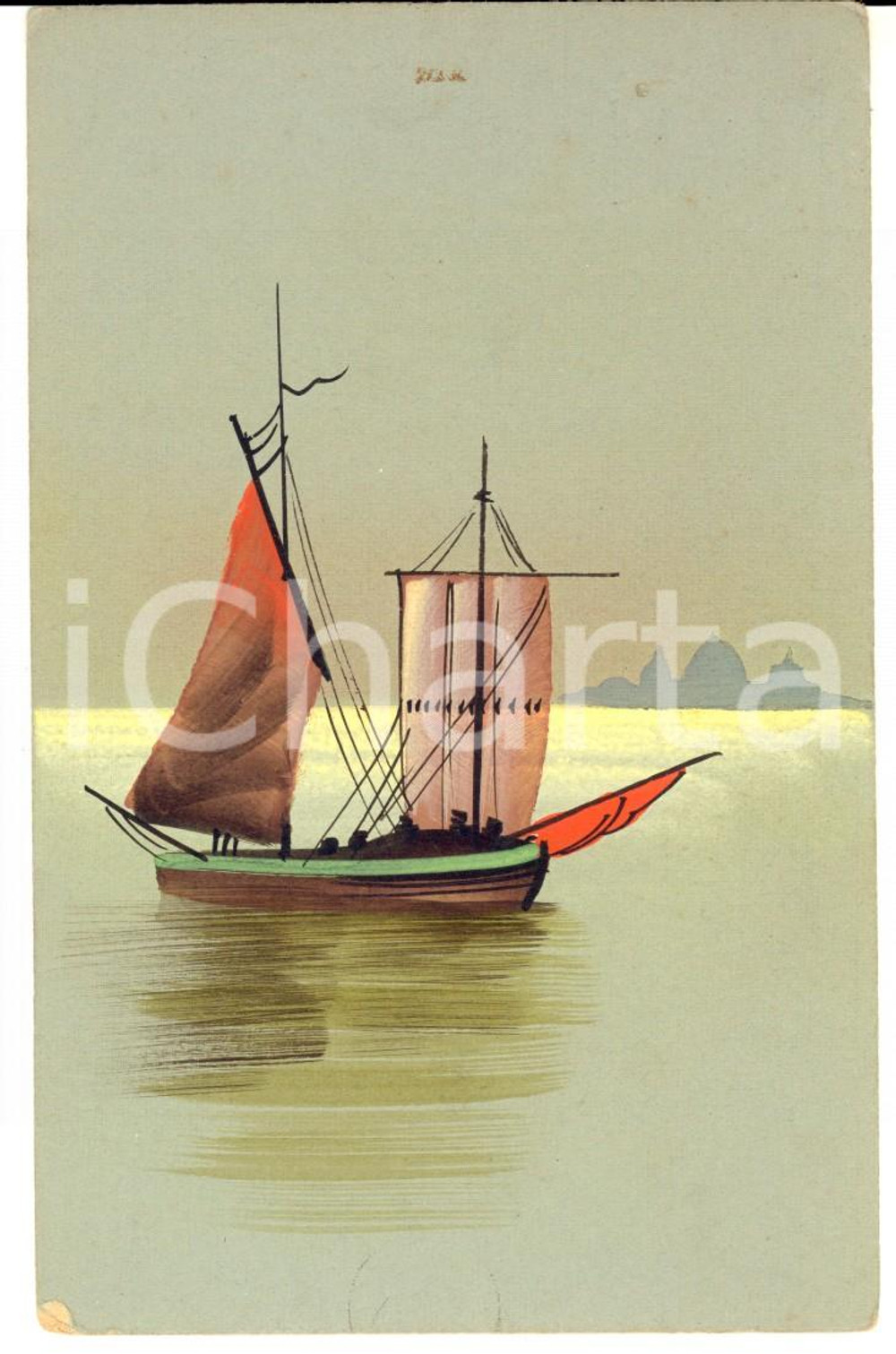Cartolina originale da collezione 1920 ca FRANCIA Barca in navigazione Cartolina ARTISTICA DIPINTA A MANO 1
