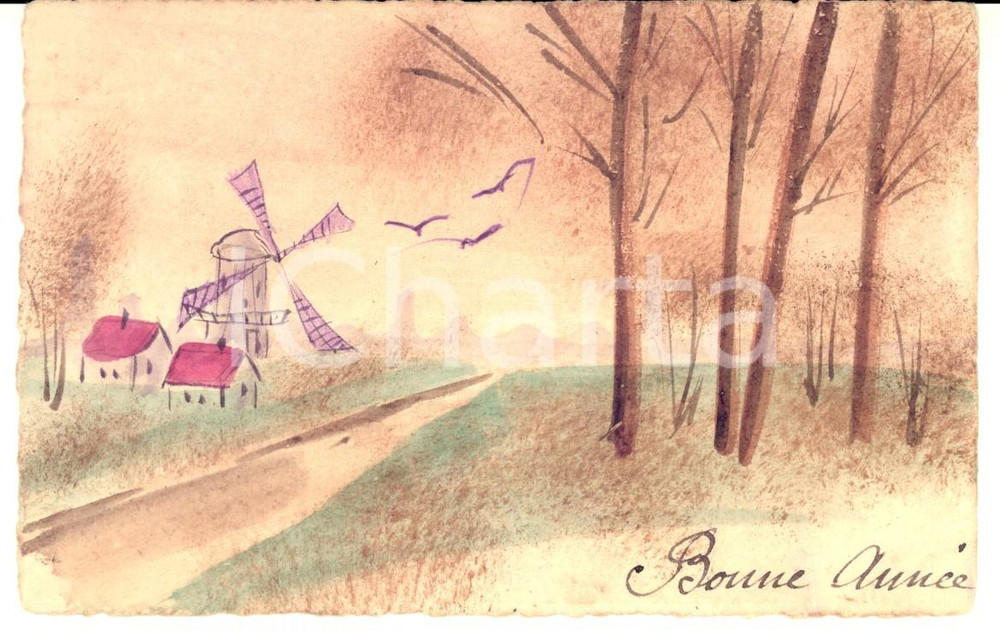 Cartolina originale da collezione 1923 FRANCIA Cartolina augurale con mulino a vento DIPINTA A MANO FP 1