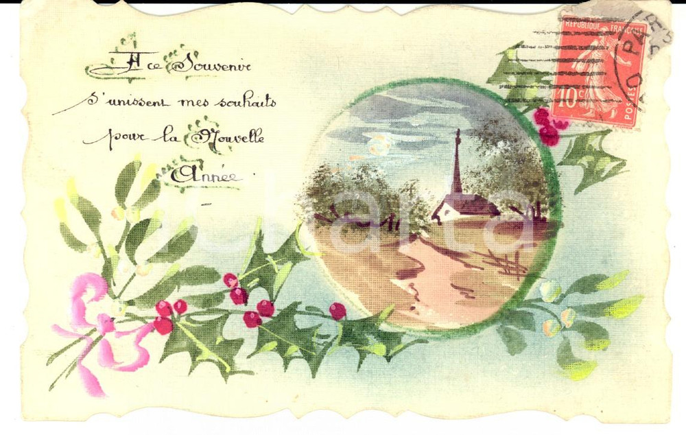 1920 ca FRANCIA Cartolina con casa di campagna DIPINTA A MANO *Louis CHARPENTIER
