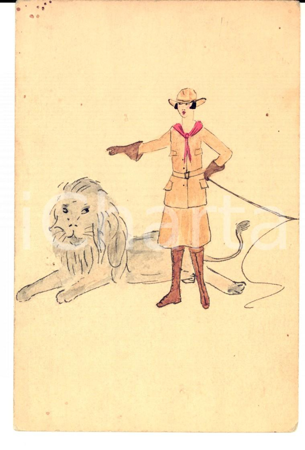 Cartolina originale da collezione 1920 ca FRANCIA La domatrice e il leone Cartolina DIPINTA A MANO RARA 1