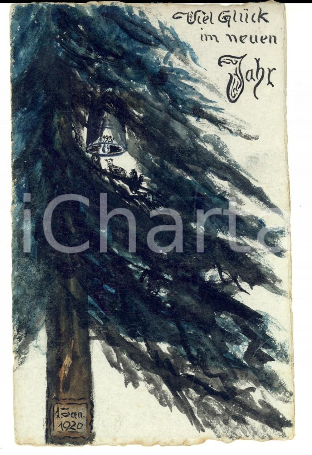 Cartolina originale da collezione 1920 SVIZZERA ? Cartolina augurale Buon Anno con abete DIPINTA A MANO 1