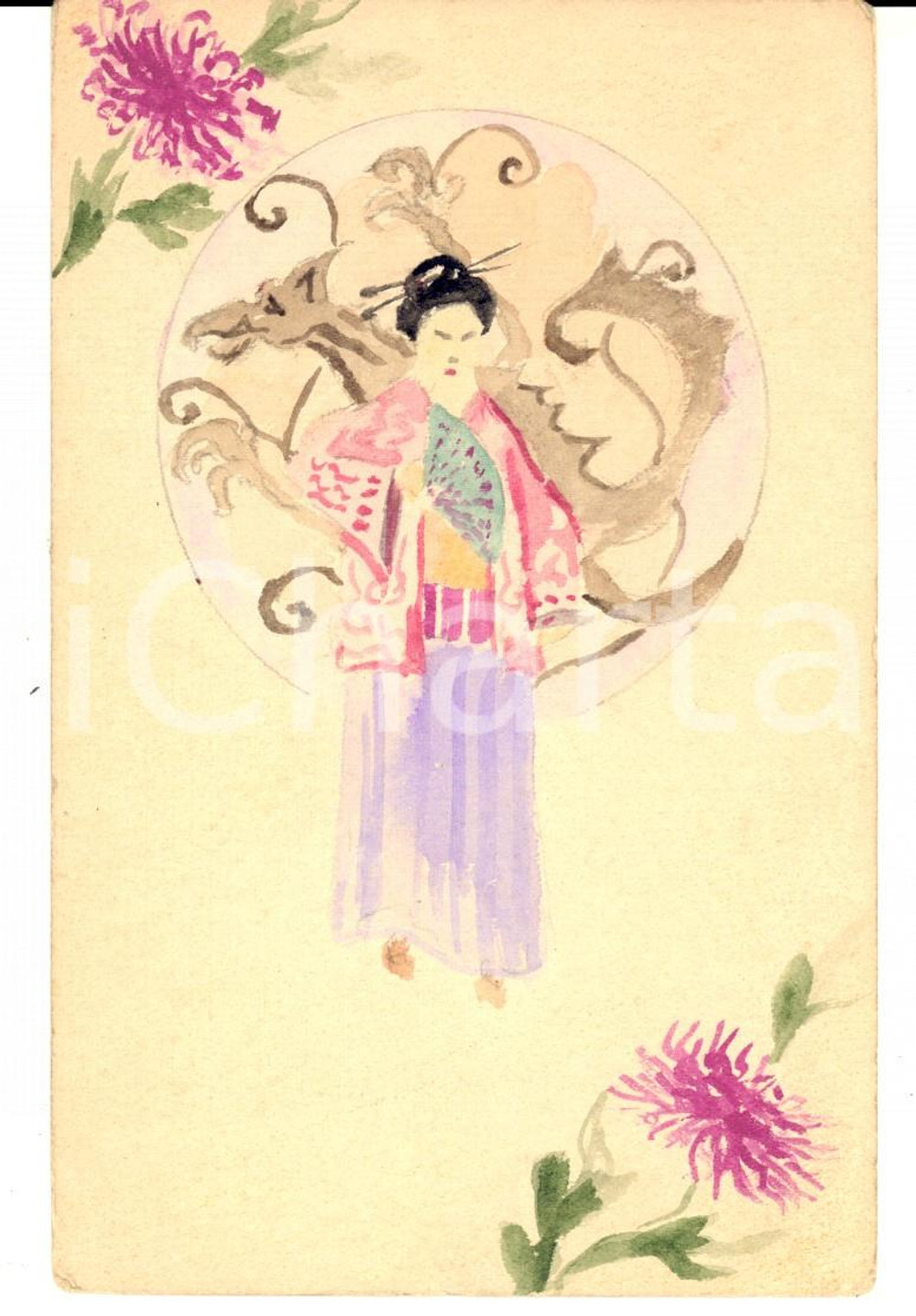 Cartolina originale da collezione 1920 FRANCIA Donna in costume giapponese Cartolina postale DIPINTA A MANO 1