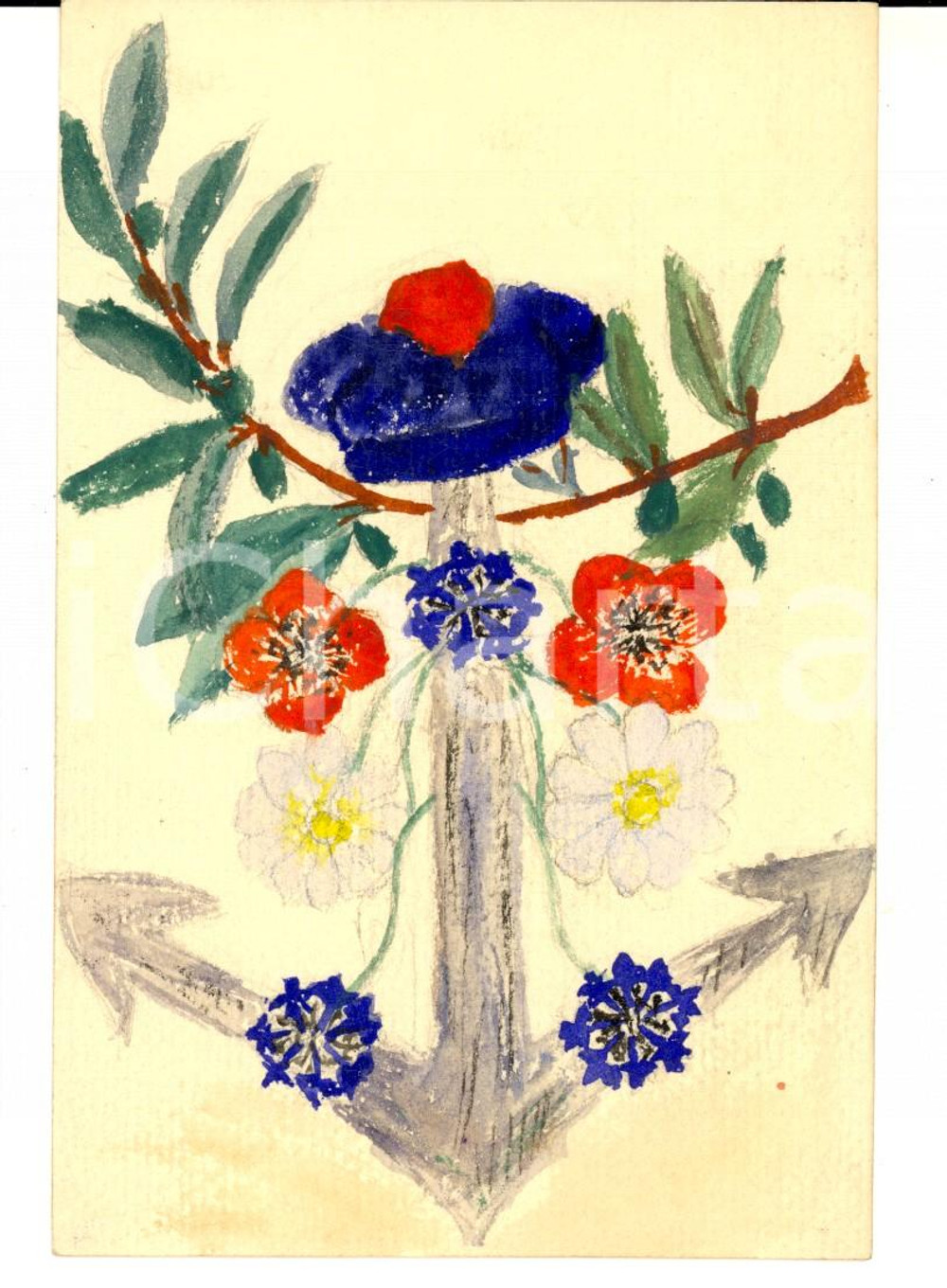 Cartolina originale da collezione 1919 FRANCIA Cartolina Germaine BARBIER con ancora e fiori DIPINTA A MANO 1