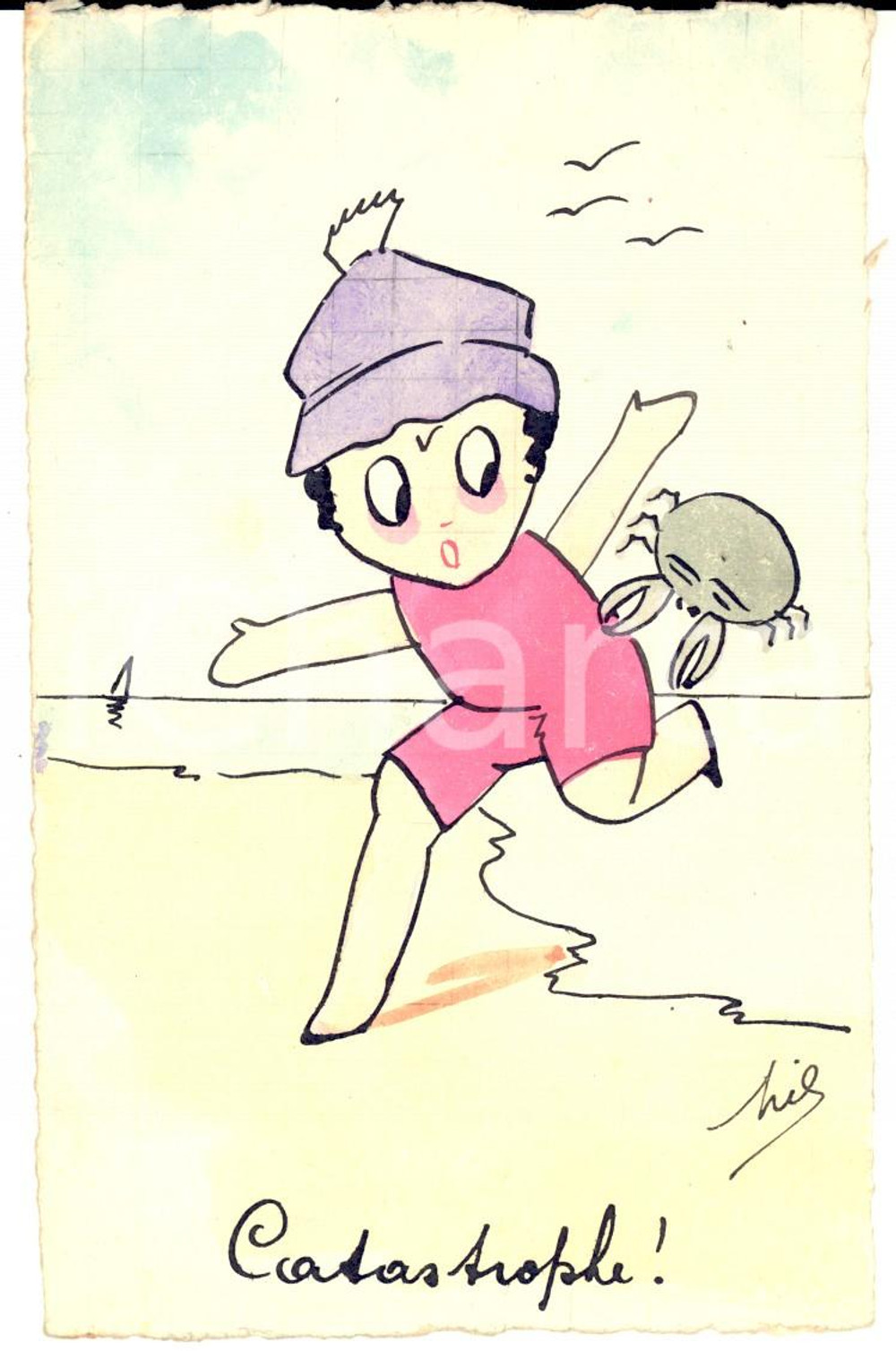 Cartolina originale da collezione 1921 NICE Catastrofe! Ragazza pizzicata da un granchio Cartolina DIPINTA A MANO 1