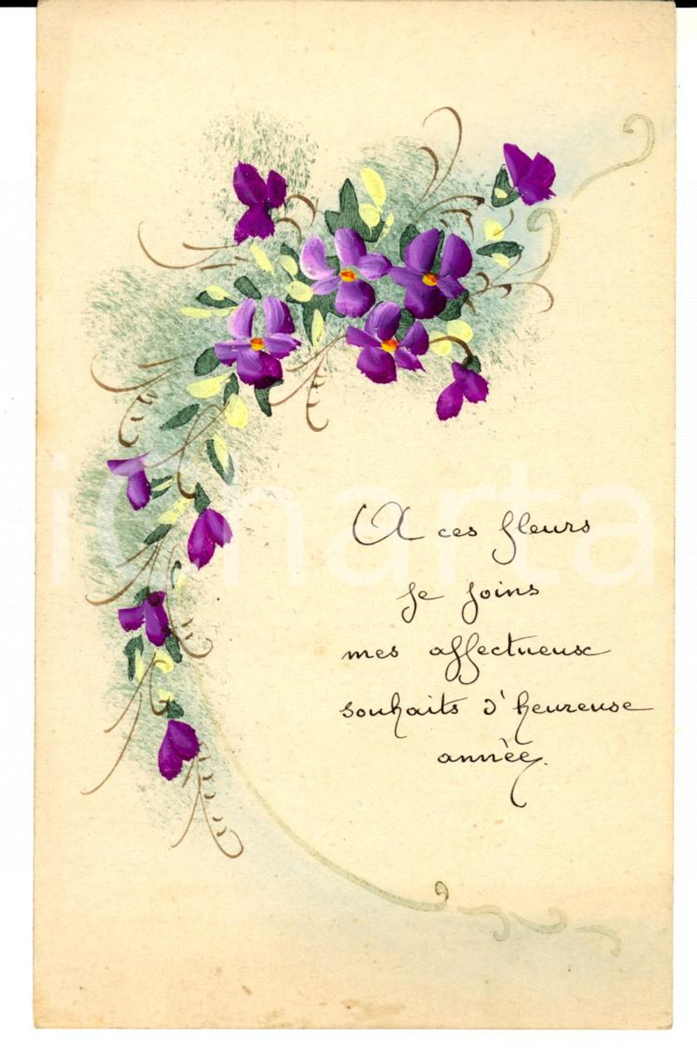 Cartolina originale da collezione 1919 FRANCIA Cartolina augurale Buon Anno con violette DIPINTA A MANO FP 1