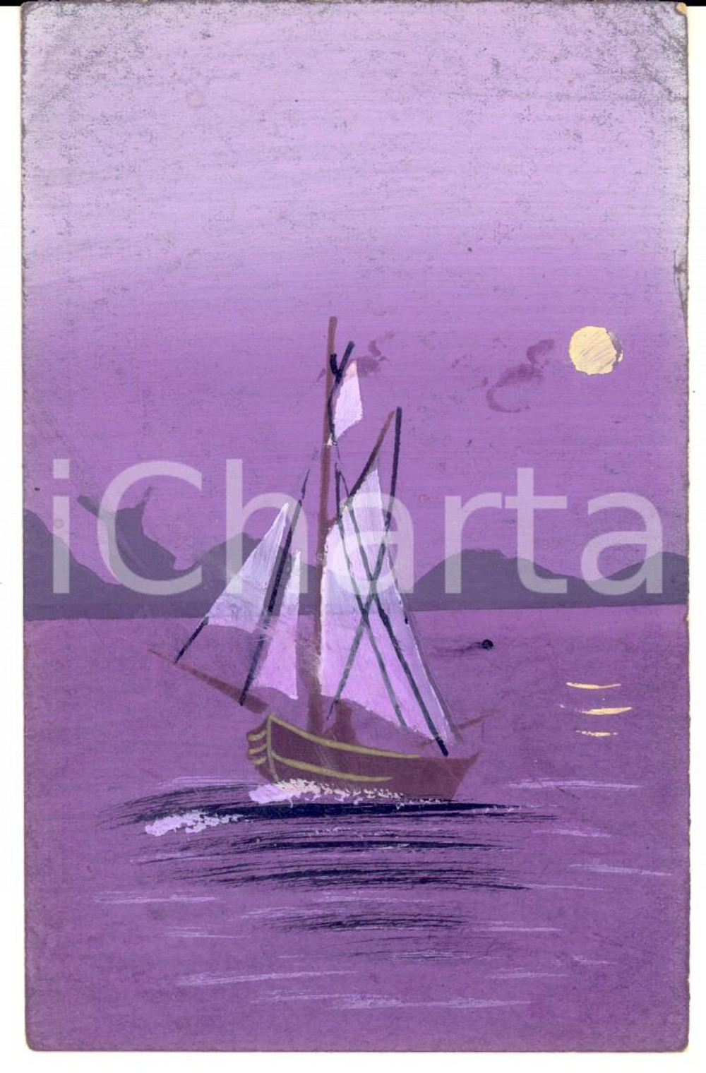 Cartolina originale da collezione 1924 FRANCIA Barca in navigazione notturna Cartolina postale DIPINTA A MANO 1