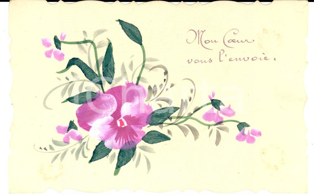 Cartolina originale da collezione 1920 ca FRANCIA Cartolina augurale compleanno con viole DIPINTA A MANO FP 1