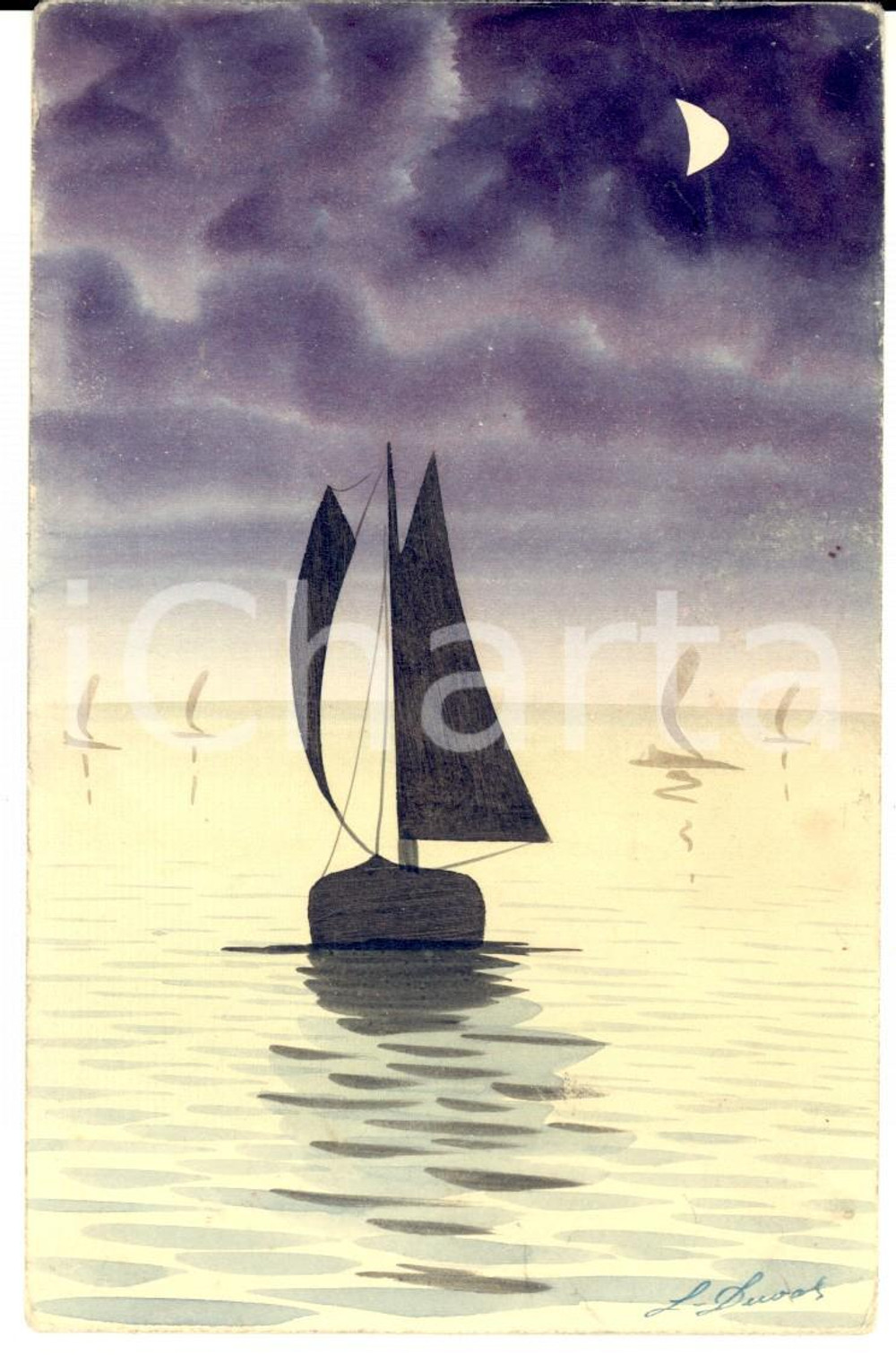 Cartolina originale da collezione 1920 ca FRANCIA Barca in navigazione notturna Cartolina DIPINTA A MANO L. DUVAS 1