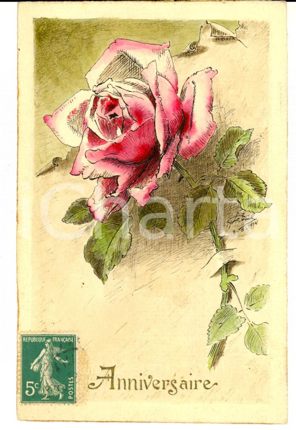 Cartolina originale da collezione 1910 ca FRANCIA Cartolina con rosa DIPINTA A MANO Firmata G. LEBAIL FP 1