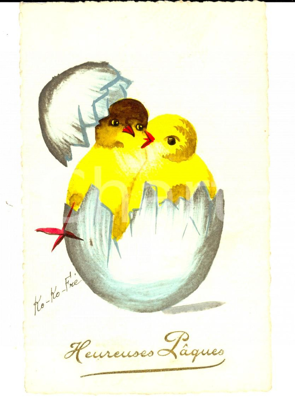 Cartolina originale da collezione 1920 ca KOKOFRE Cartolina PASQUA con pulcini nell uovo DIPINTA A MANO FP 1