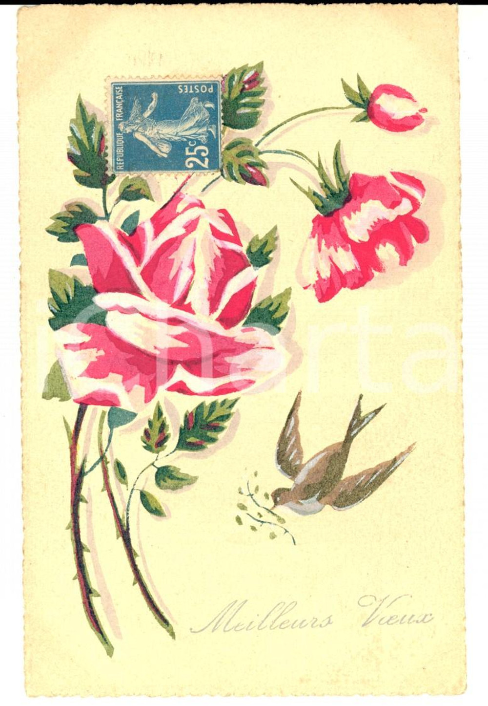 Cartolina originale da collezione 1924 FRANCIA P. MASQUIN Cartolina augurale con rose e uccellino DIPINTA A MANO 1