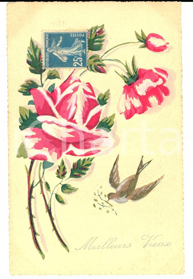 Cartolina originale da collezione 1924 FRANCIA P. MASQUIN Cartolina augurale con rose e uccellino DIPINTA A MANO 1