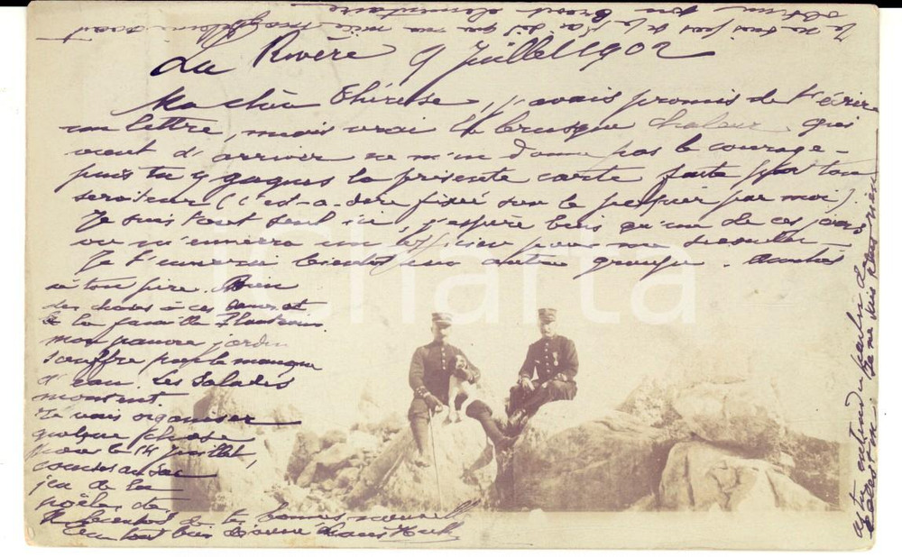 Fotografia d epoca originale 1902 LA TURBIE FRANCE Offiiciers d infanterie avec un petit chien Photo 1