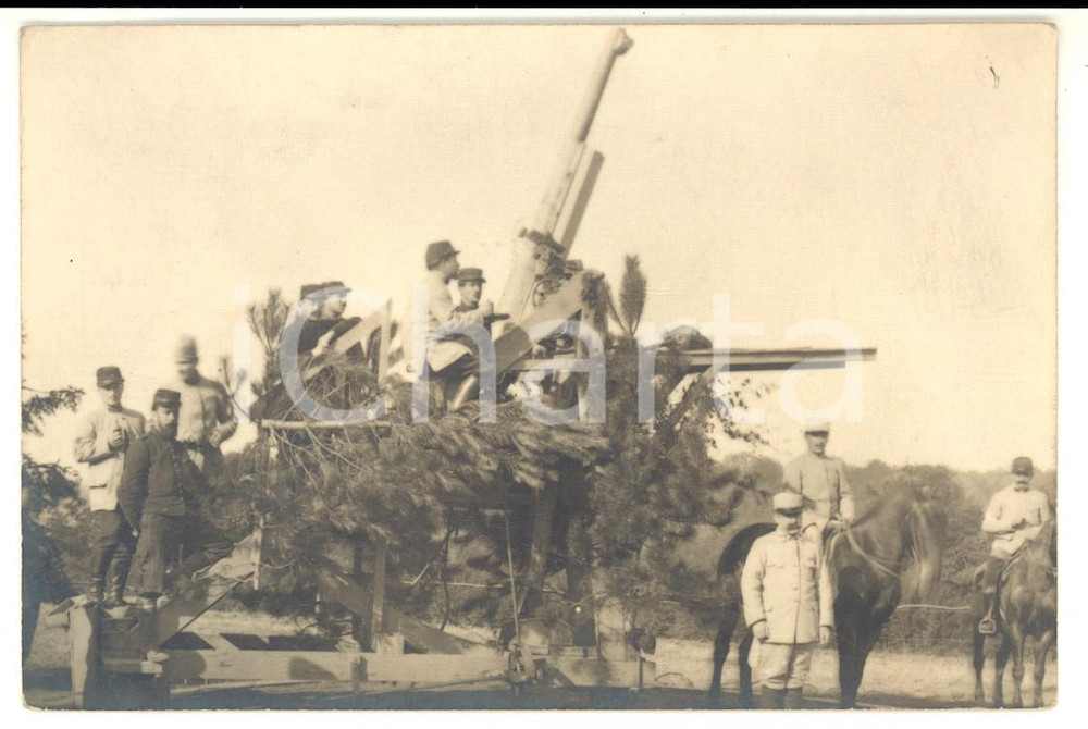 191 5 ca WW1 FRANCE Militari di artiglieria mimetizzano un cannone *Foto