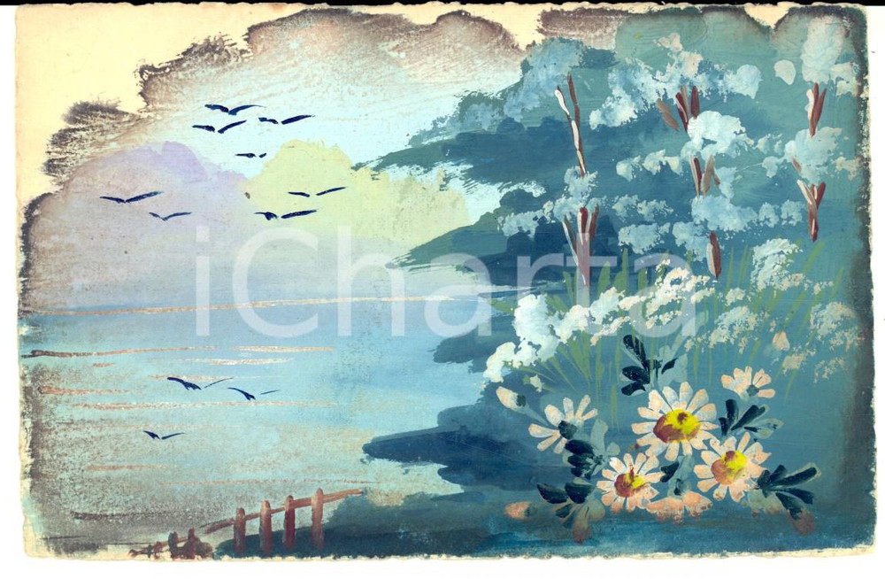Cartolina originale da collezione 1920 ca FRANCIA Un belvedere sul mare Cartolina postale DIPINTA A MANO 1