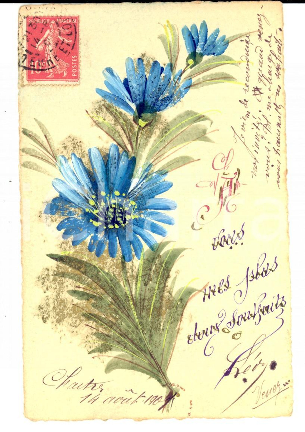 Cartolina originale da collezione 1907 CHARTRES F Cartolina augurale compleanno con fiori blu DIPINTA A MANO 1