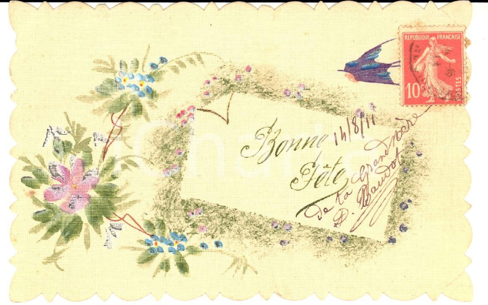 Cartolina originale da collezione 1911 FRANCIA Cartolina buon compleanno con fiori e rondine DIPINTA A MANO 1