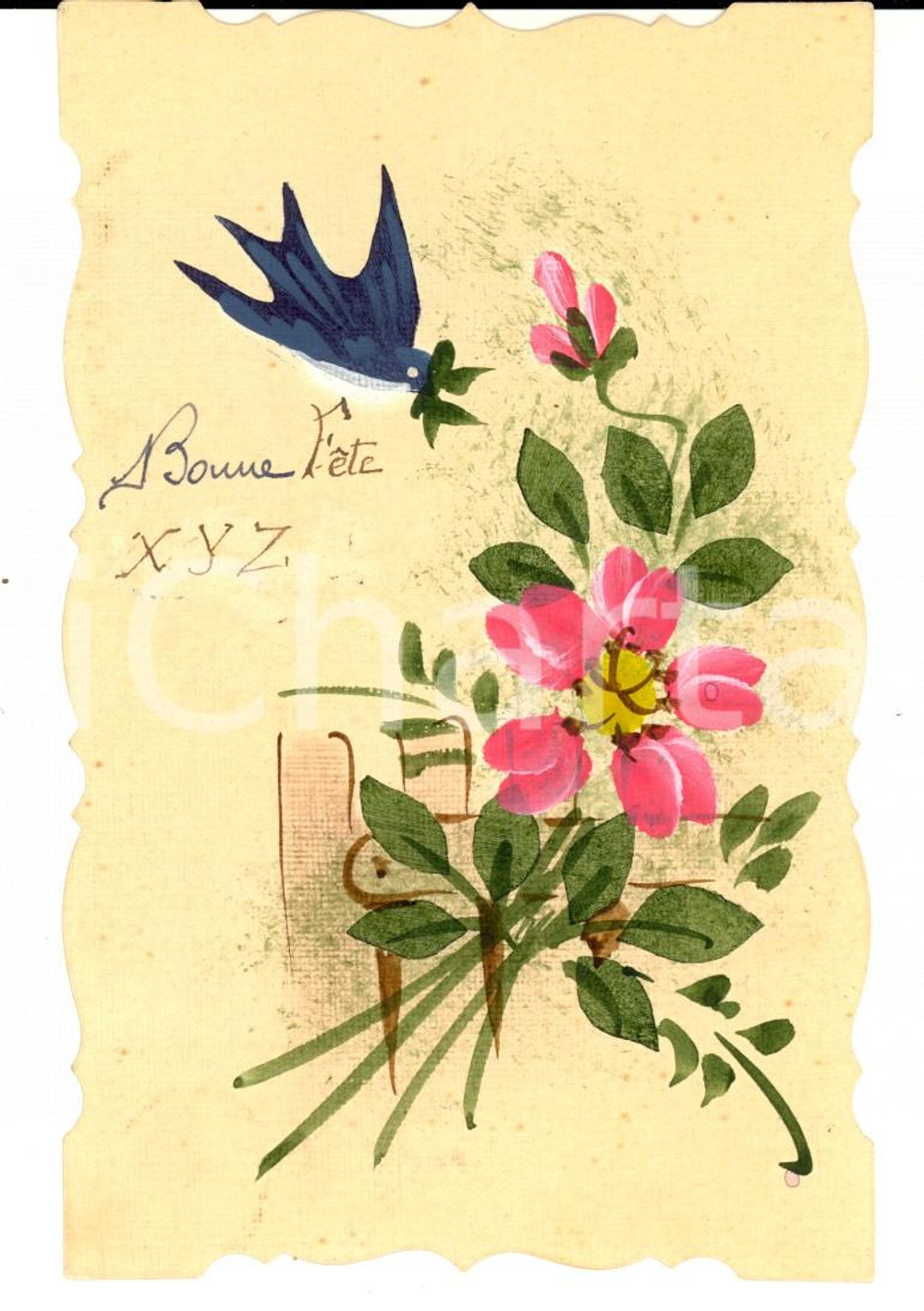 Cartolina originale da collezione 1910 ca FRANCIA Cartolina compleanno con fiore rosa e rondine DIPINTA A MANO 1