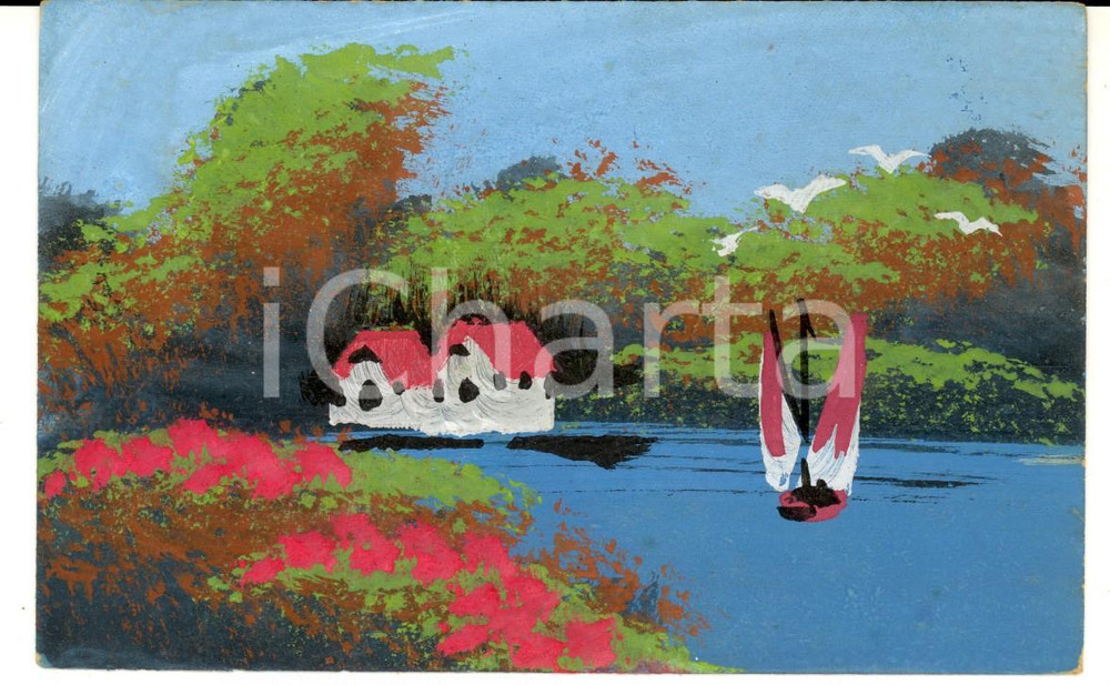 Cartolina originale da collezione 1920 ca FRANCIA Case su un lago in primavera Bozzetto DIPINTO A MANO 1