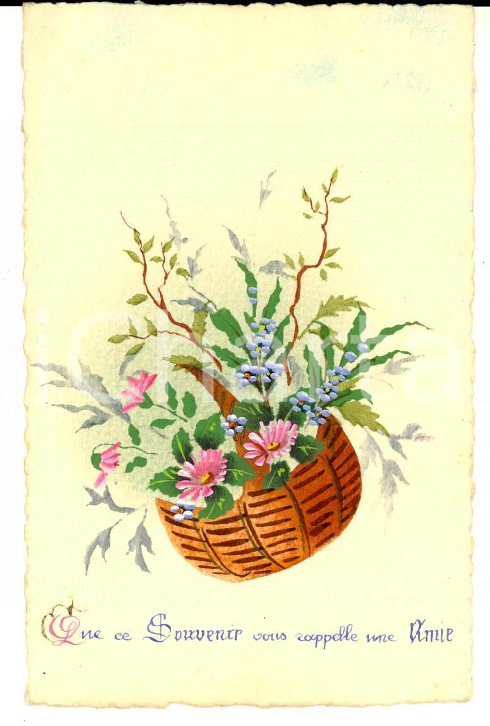 Cartolina originale da collezione 1917 FRANCIA M.me TAKY Cartolina augurale con cestino di fiori DIPINTA A MANO 1