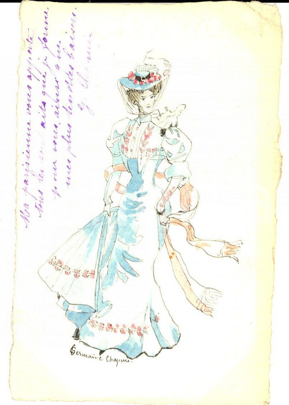 Cartolina originale da collezione 1900 ca FRANCIA Cartolina con figura femminile DIPINTA A MANO Germaine CHAPUIS 1