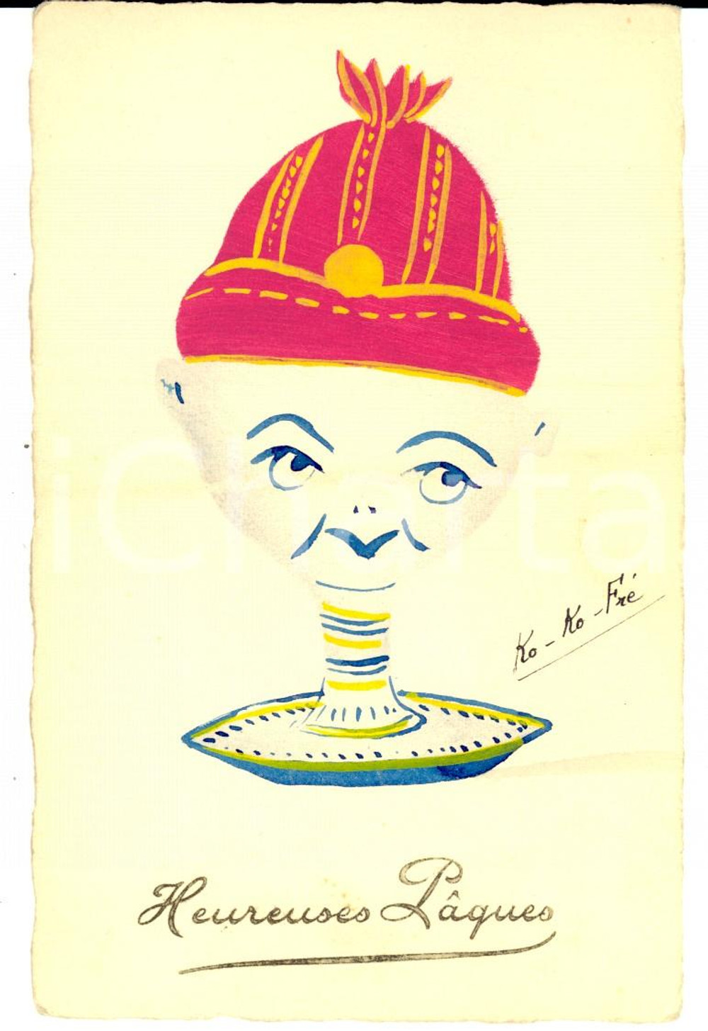 Cartolina originale da collezione 1920 ca KOKOFRE Cartolina PASQUA con uovo animato DIPINTA A MANO FP 1