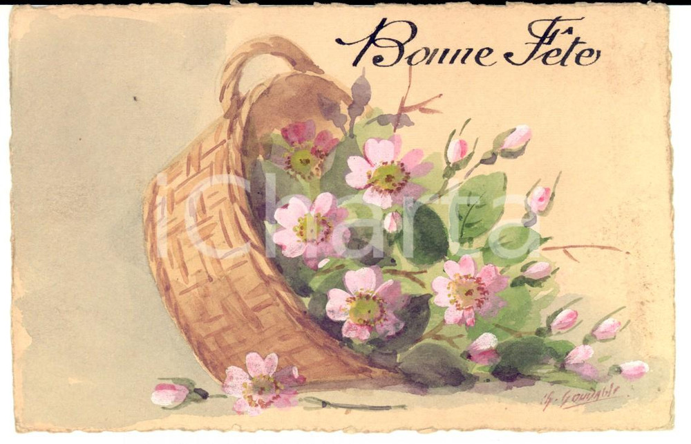 Cartolina originale da collezione 1920 ca FRANCIA G. GOUDABLE Cartolina con cesto di fiori rosa DIPINTA A MANO 1