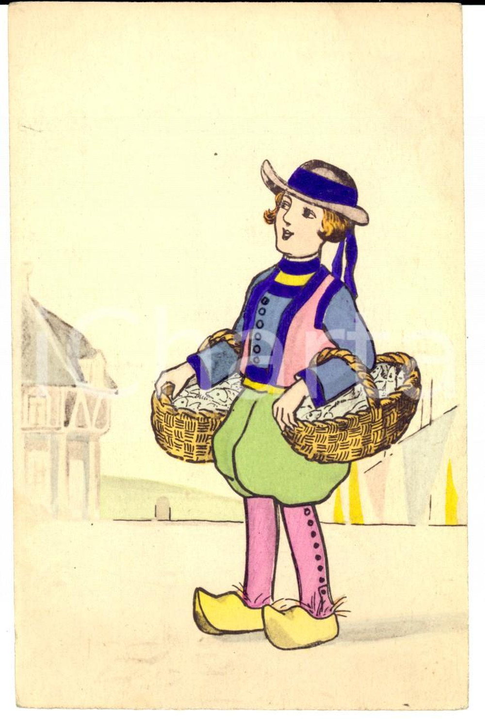 Cartolina originale da collezione 1920 ca FRANCIA Olandesina al mercato del pesce Cartolina DIPINTA A MANO 1