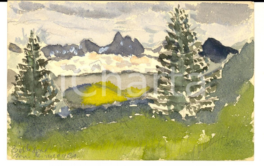 Cartolina originale da collezione 1920 ca FRANCIA Belvedere alpino sotto la neve Cartolina postale DIPINTA A MANO 1