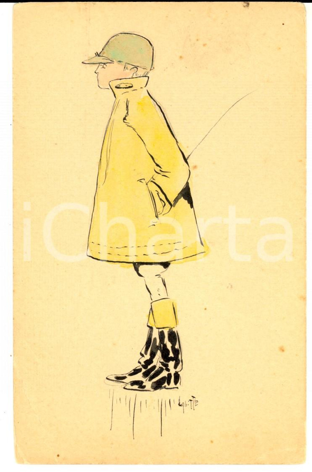 Cartolina originale da collezione 1920 ca FRANCIA Ragazzo con la giacca gialla Cartolina DIPINTA A MANO 1