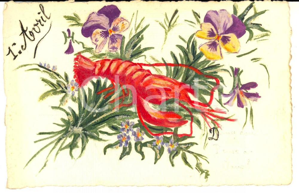 Cartolina originale da collezione 1910 ca FRANCIA Cartolina PESCE D APRILE con gambero e fiori DIPINTA A MANO 1