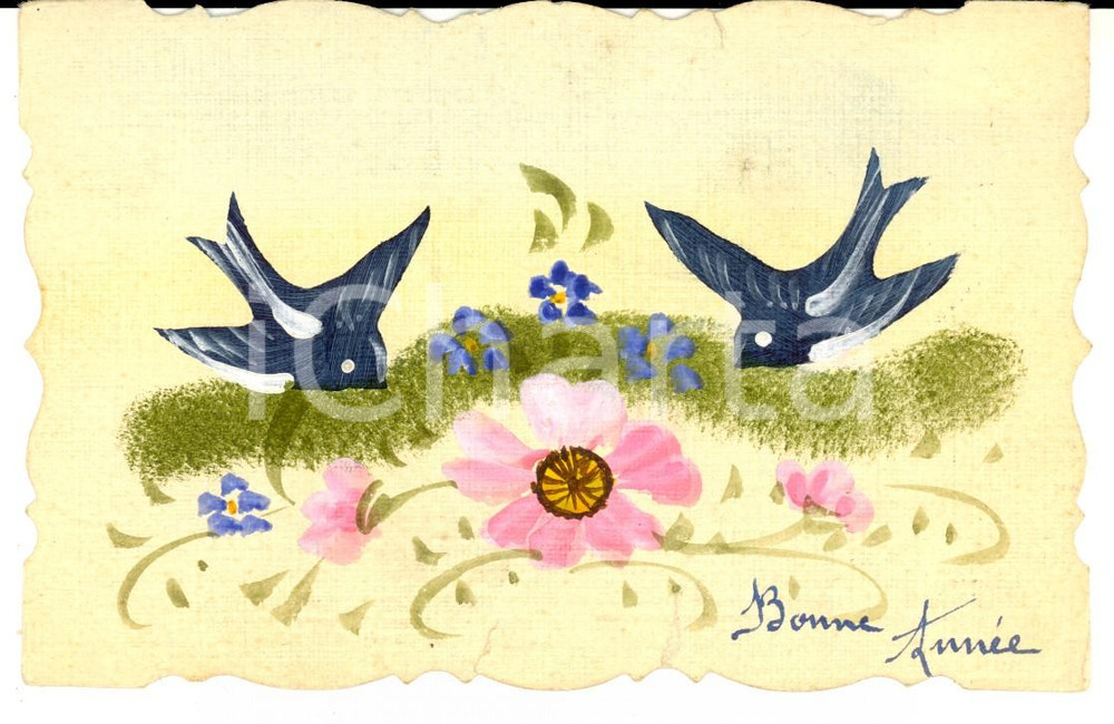 Cartolina originale da collezione 1910 ca FRANCIA Cartolina BONNE ANNEE con fiore e rondine DIPINTA A MANO 1