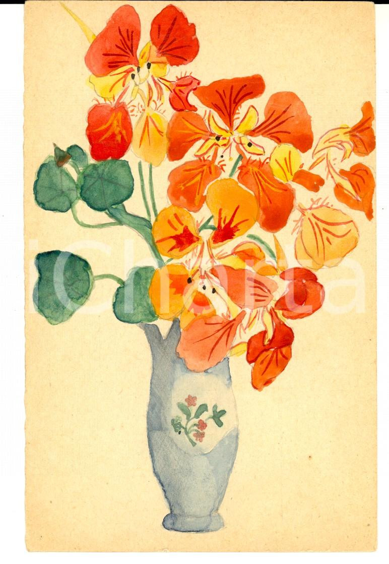 Cartolina originale da collezione 1915 PARIS F Cartolina augurale con vaso e fiori arancioni DIPINTA A MANO 1