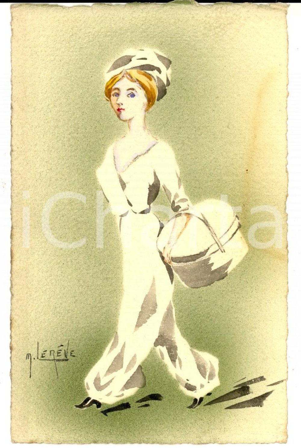 Cartolina originale da collezione 1910 ca FRANCIA M. LEREVE Donna in abito bianco Cartolina DIPINTA A MANO 1
