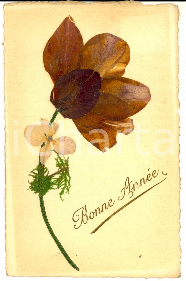 Cartolina originale da collezione 1923 FRANCIA Cartolina BONNE ANNEE con fiore e INSERTI VERI DIPINTA A MANO 1