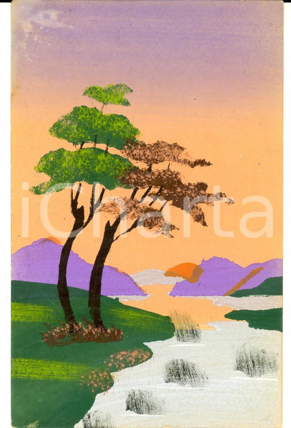 Cartolina originale da collezione 1920 ca FRANCIA Veduta con tramonto sul fiume Cartolina DIPINTA A MANO 1
