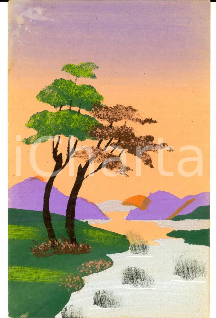 Cartolina originale da collezione 1920 ca FRANCIA Veduta con tramonto sul fiume Cartolina DIPINTA A MANO 1